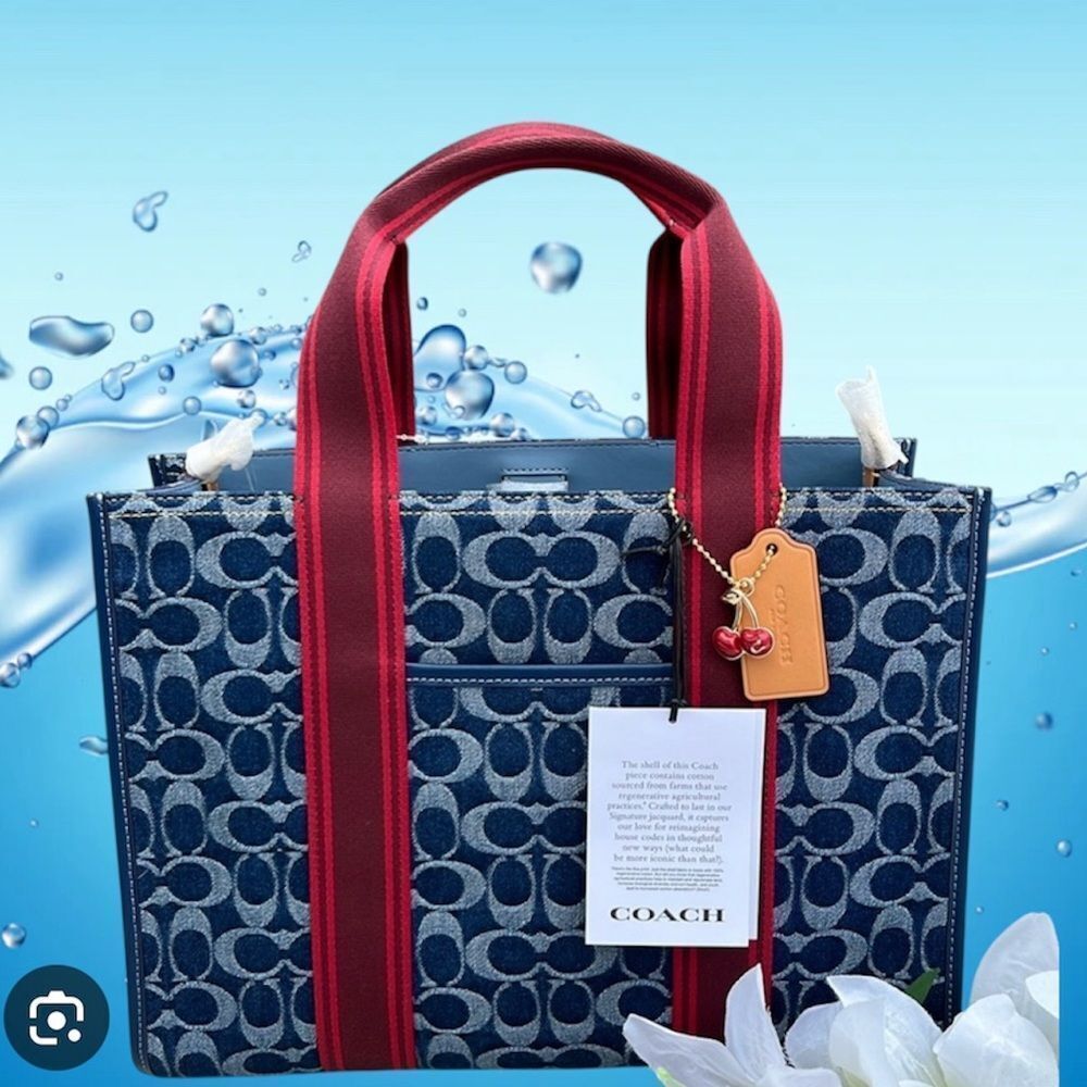Coach Blue Signature Denim Tote with Red Straps and Tan Tag